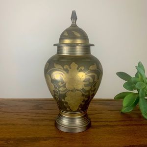 Vintage Brass Ginger Jar Made in India Black and Gold Etched Urn Vase with Lid